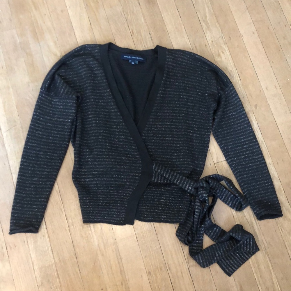 Vintage French Connection wool ballet-core striped v-neck wrap side tie cardigan